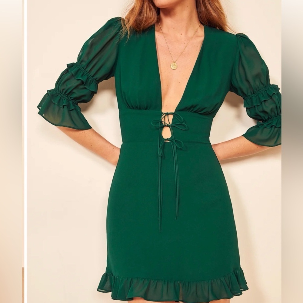 Reformation Laurelei Mini Dress Dark Green Size 4 - Picture 2 of 10